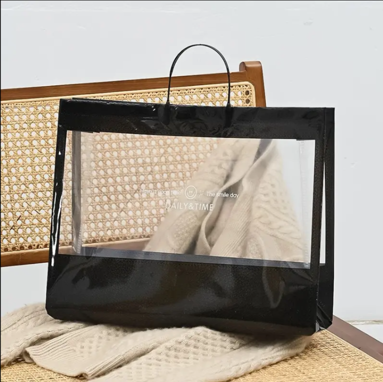 Clear Window PVC Shopping Tote Bag – Reusable Retail Packaging with Opaque Edges
